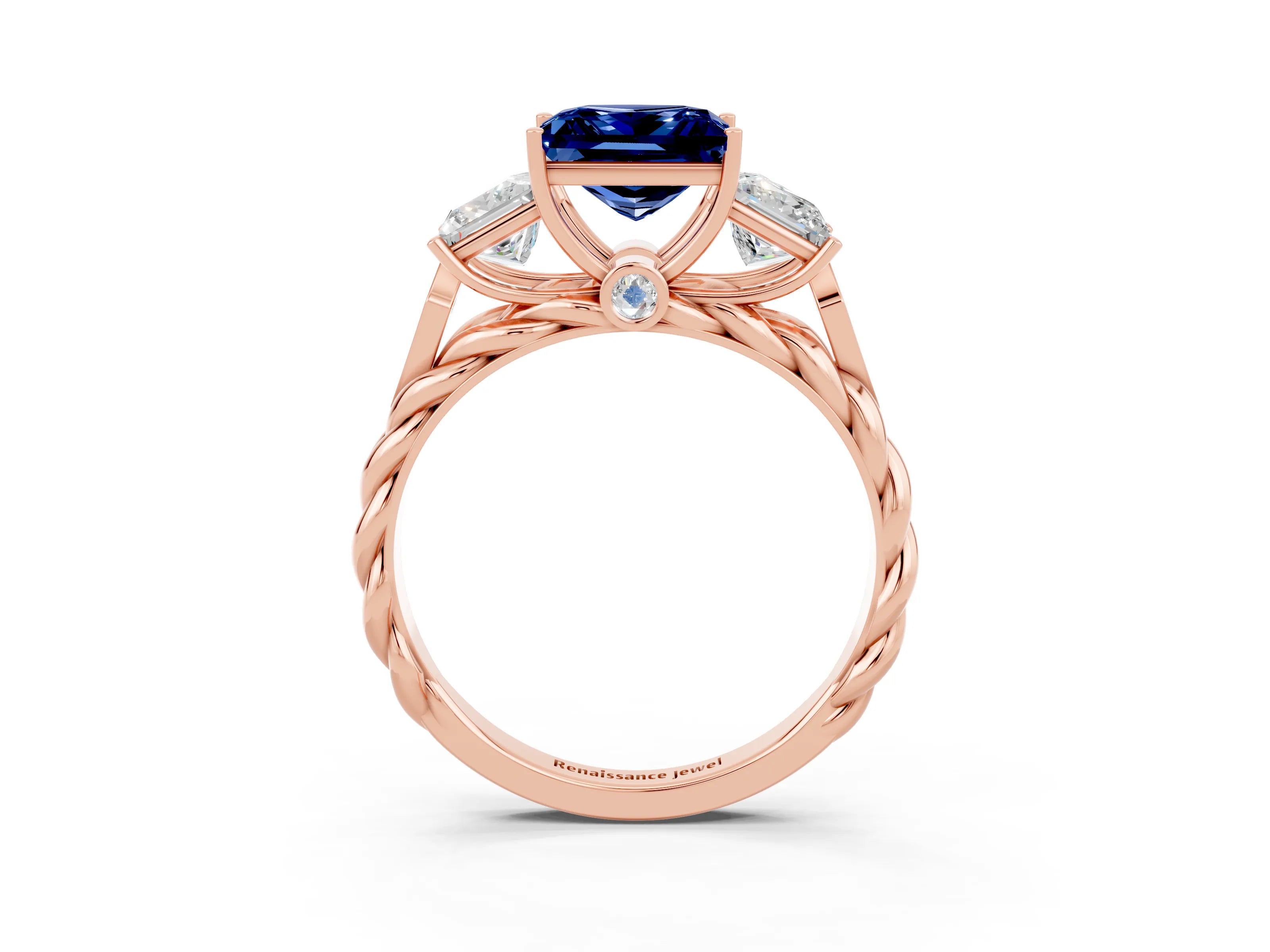 Rose gold Three-Stone Princess Cut Blue Sapphire Braided Band Ring with Four-Prong Setting_46