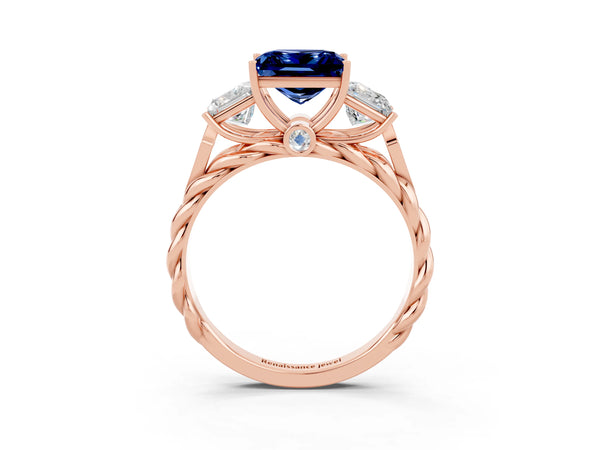 Rose gold Three-Stone Princess Cut Blue Sapphire Braided Band Ring with Four-Prong Setting