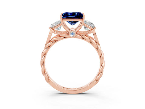 Rose gold Three-Stone Princess Cut Blue Sapphire Braided Band Ring with Four-Prong Setting_46