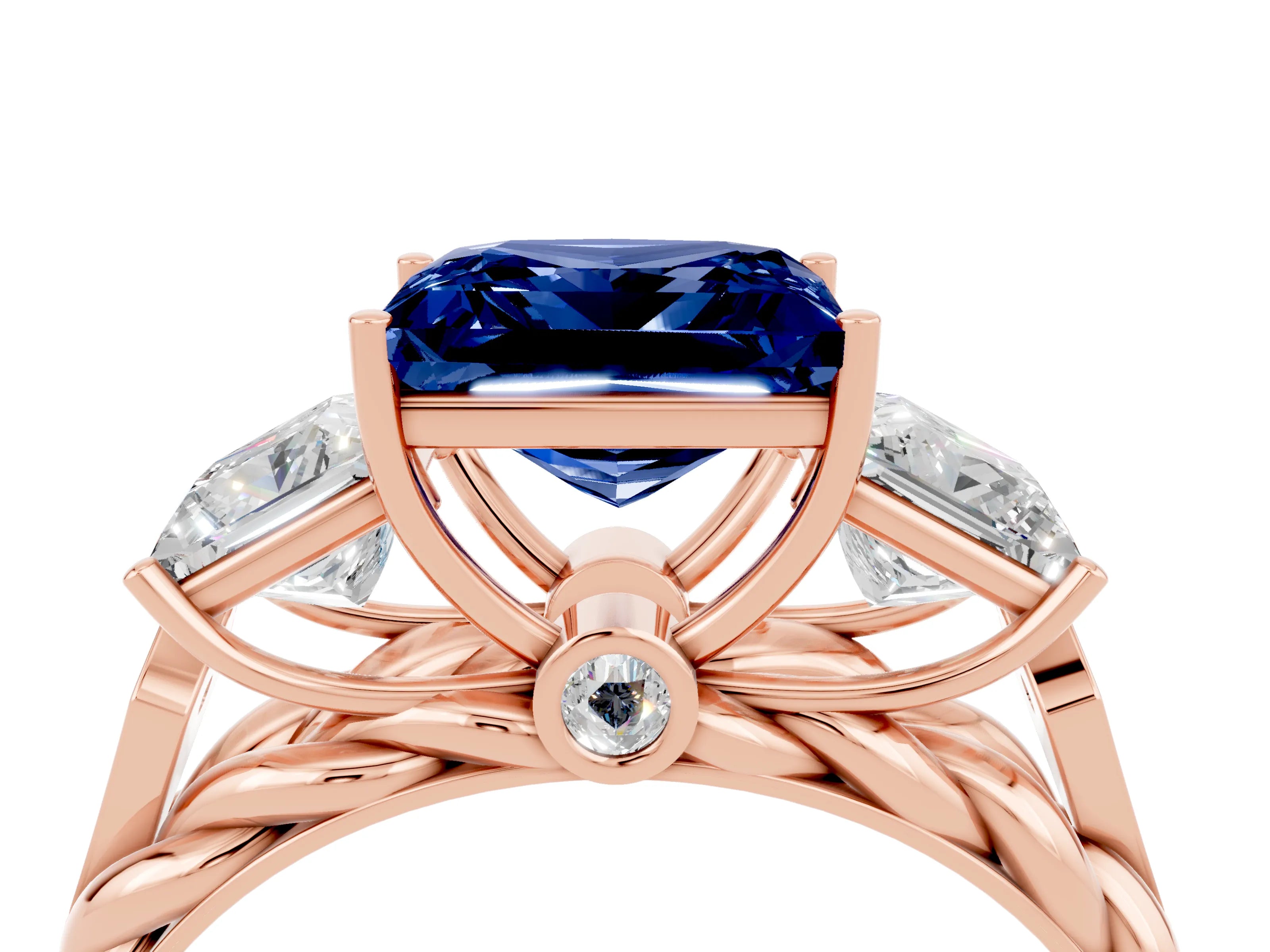 Rose gold Three-Stone Princess Cut Blue Sapphire Braided Band Ring with Four-Prong Setting_47