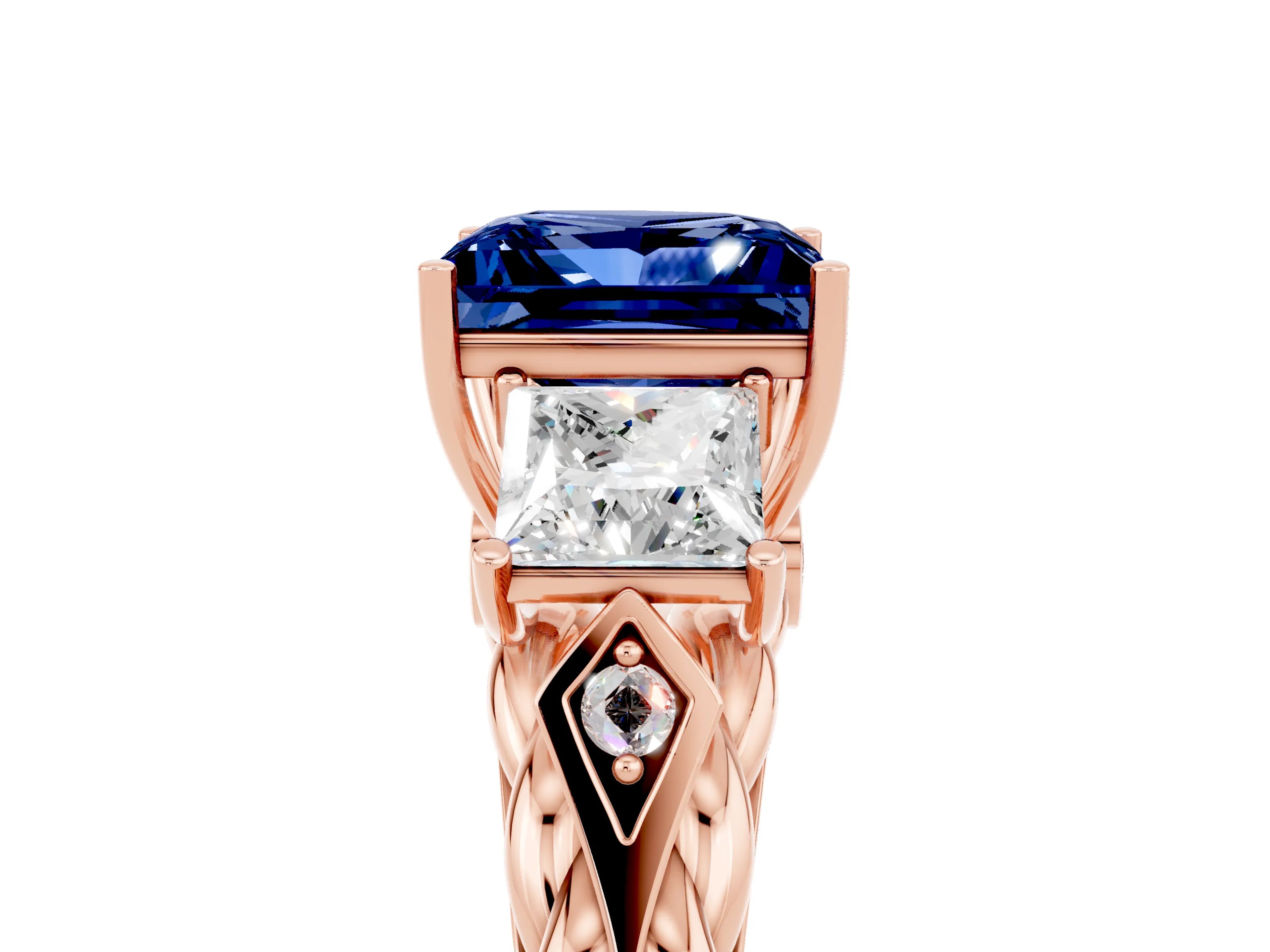 Rose gold Three-Stone Princess Cut Blue Sapphire Braided Band Ring with Four-Prong Setting_48