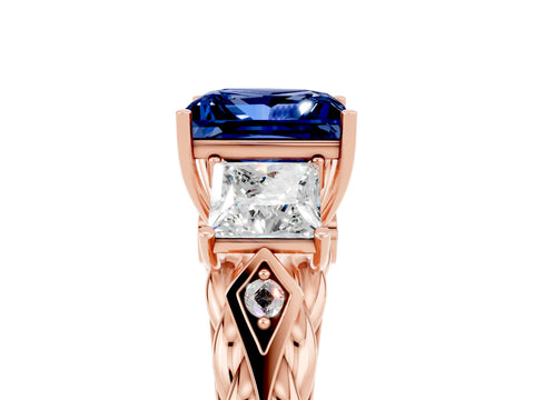 Rose gold Three-Stone Princess Cut Blue Sapphire Braided Band Ring with Four-Prong Setting_48