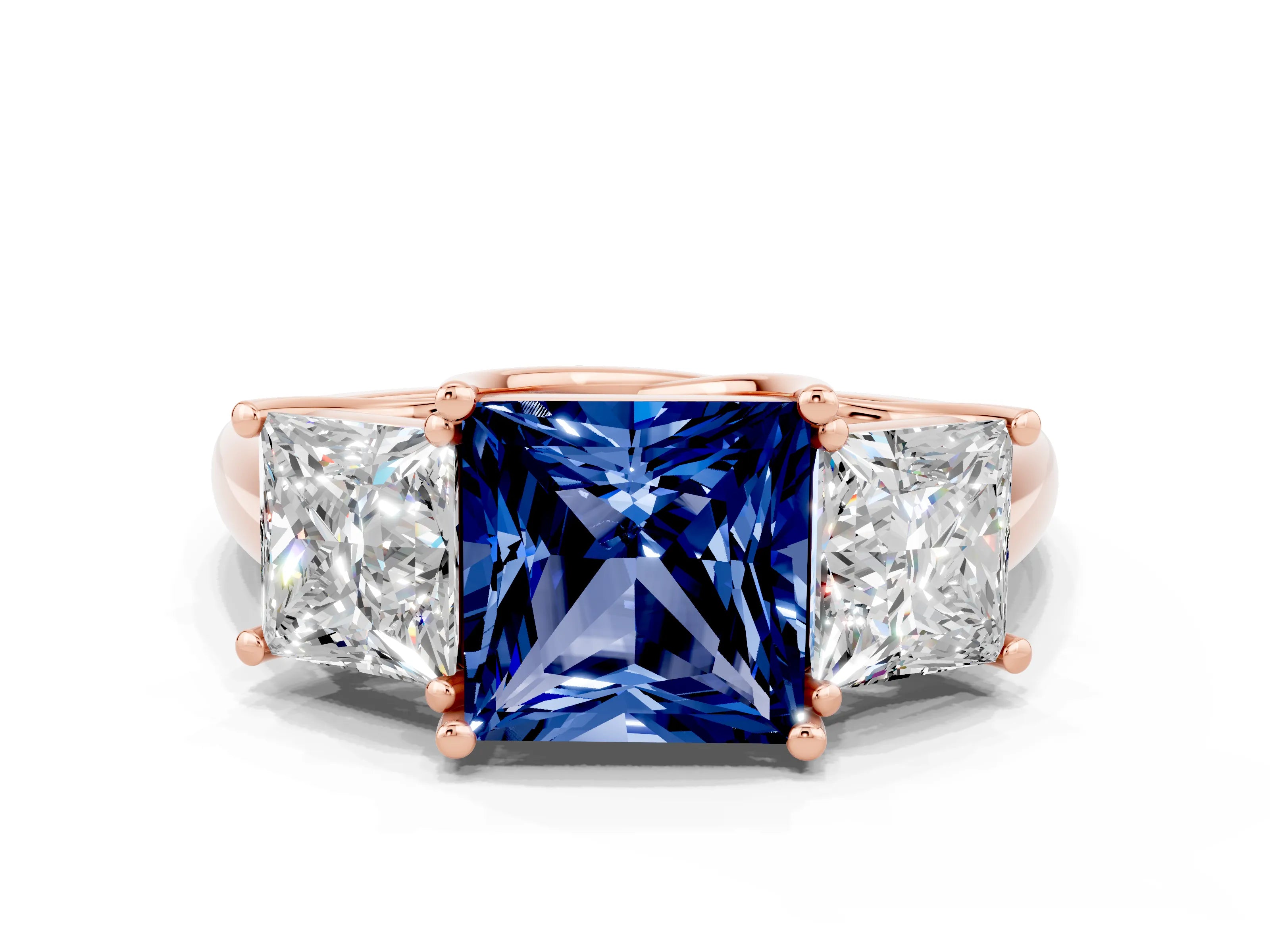 Rose gold Three-Stone Princess Cut Blue Sapphire Engagement Ring with Prong Setting