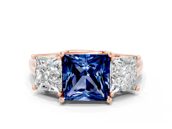 Rose gold Three-Stone Princess Cut Blue Sapphire Engagement Ring with Prong Setting