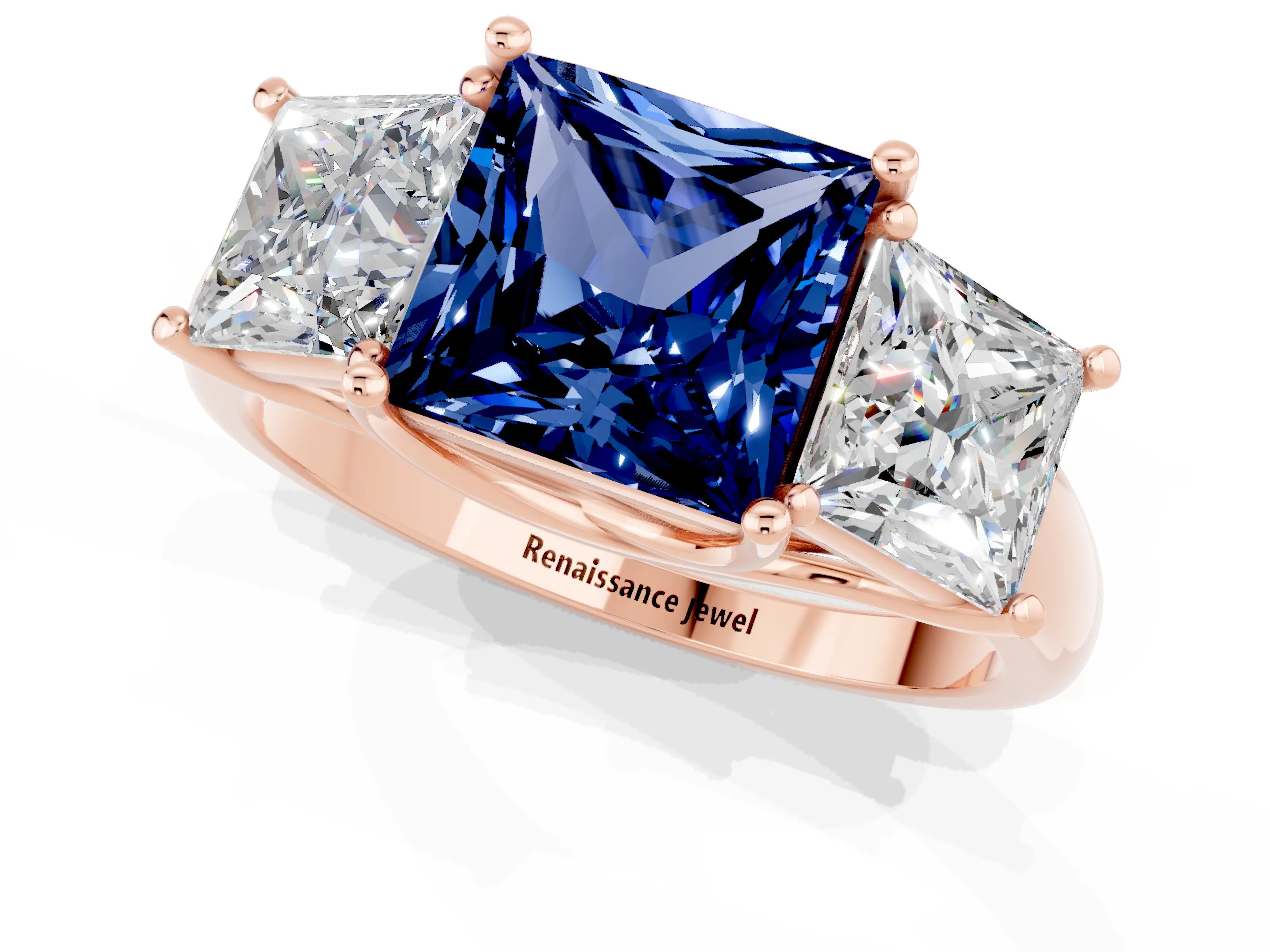 Rose gold Three-Stone Princess Cut Blue Sapphire Engagement Ring with Prong Setting_1