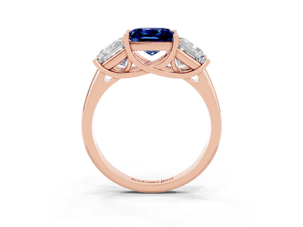 Rose gold Three-Stone Princess Cut Blue Sapphire Engagement Ring with Prong Setting