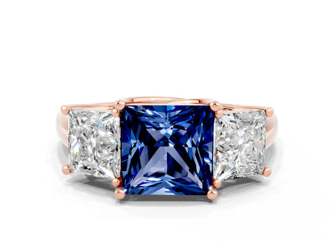 Rose gold Three-Stone Princess Cut Blue Sapphire Engagement Ring with Prong Setting