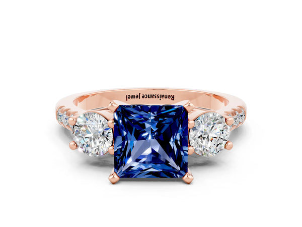 Rose gold Three-Stone Princess Cut Blue Sapphire Pavé Band with Four-Prong Setting