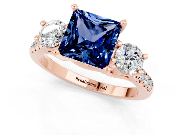 Rose gold Three-Stone Princess Cut Blue Sapphire Pavé Band with Four-Prong Setting