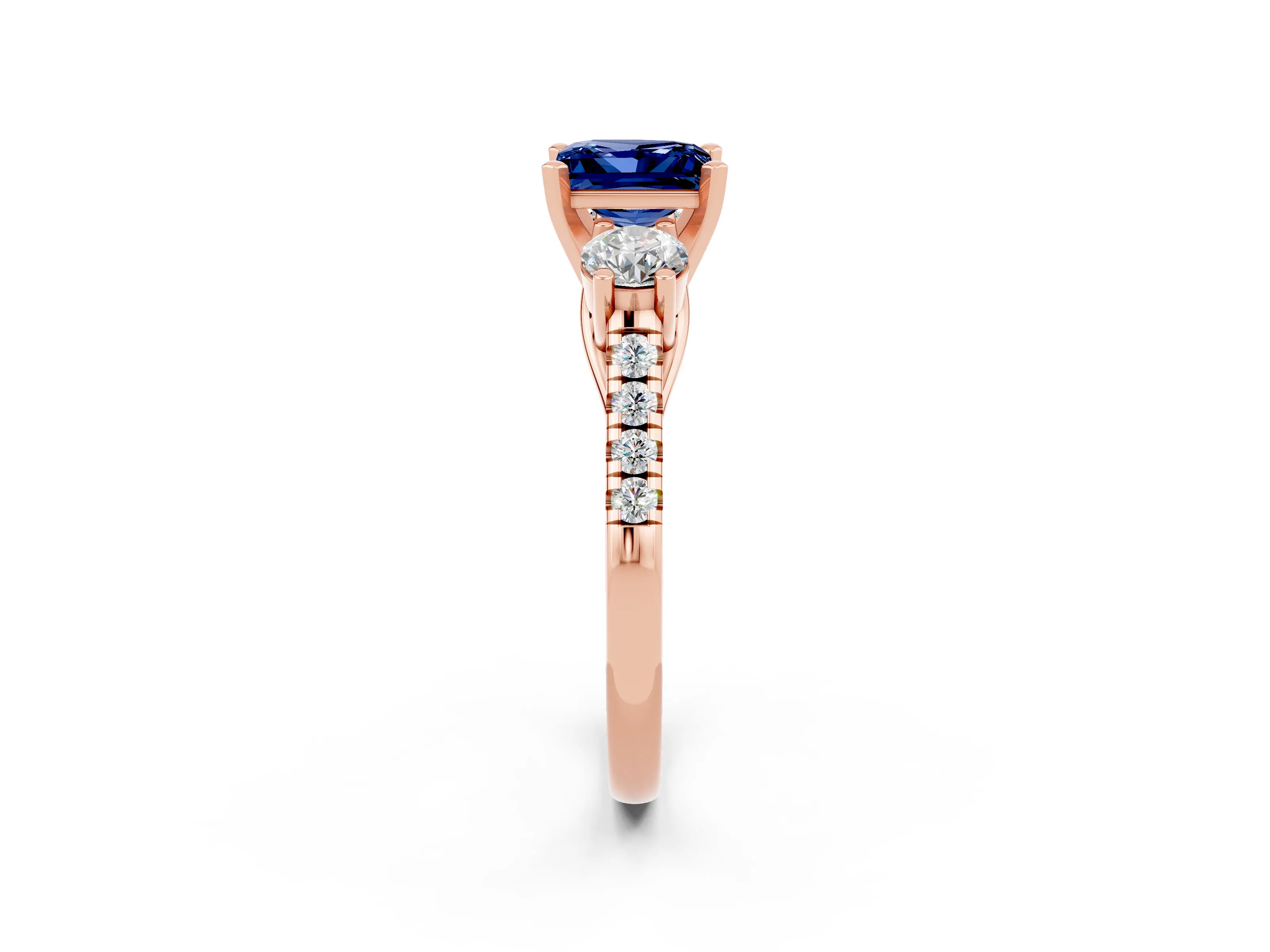Rose gold Three-Stone Princess Cut Blue Sapphire Pavé Band with Four-Prong Setting_2