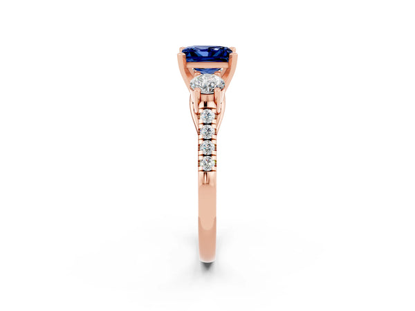 Rose gold Three-Stone Princess Cut Blue Sapphire Pavé Band with Four-Prong Setting