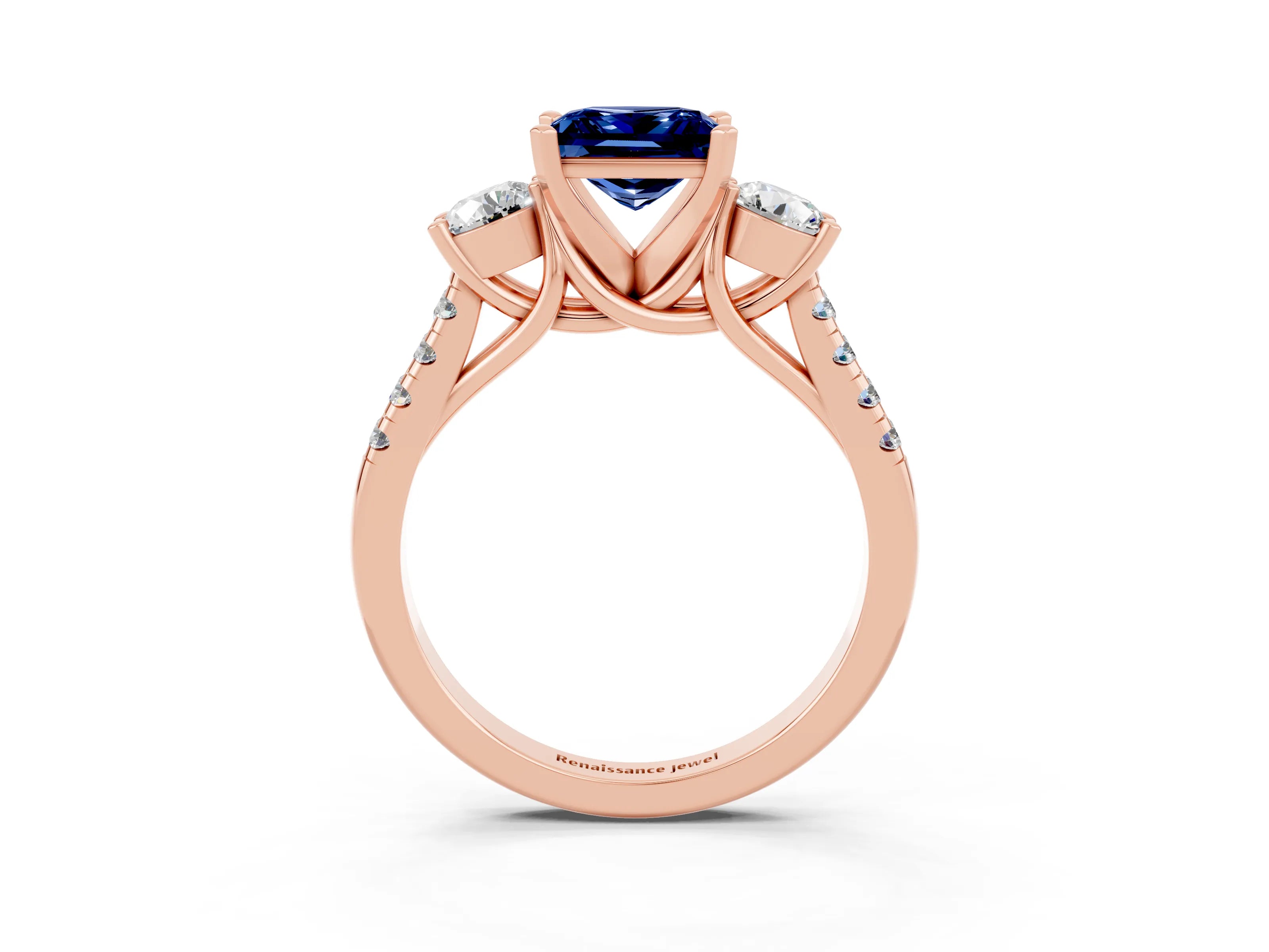 Rose gold Three-Stone Princess Cut Blue Sapphire Pavé Band with Four-Prong Setting_3