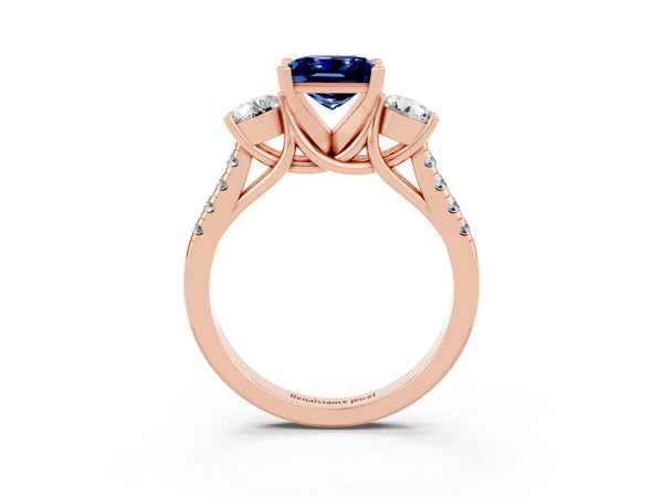 Rose gold Three-Stone Princess Cut Blue Sapphire Pavé Band with Four-Prong Setting