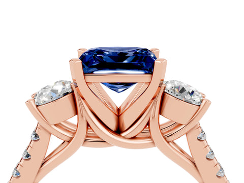 Rose gold Three-Stone Princess Cut Blue Sapphire Pavé Band with Four-Prong Setting_4