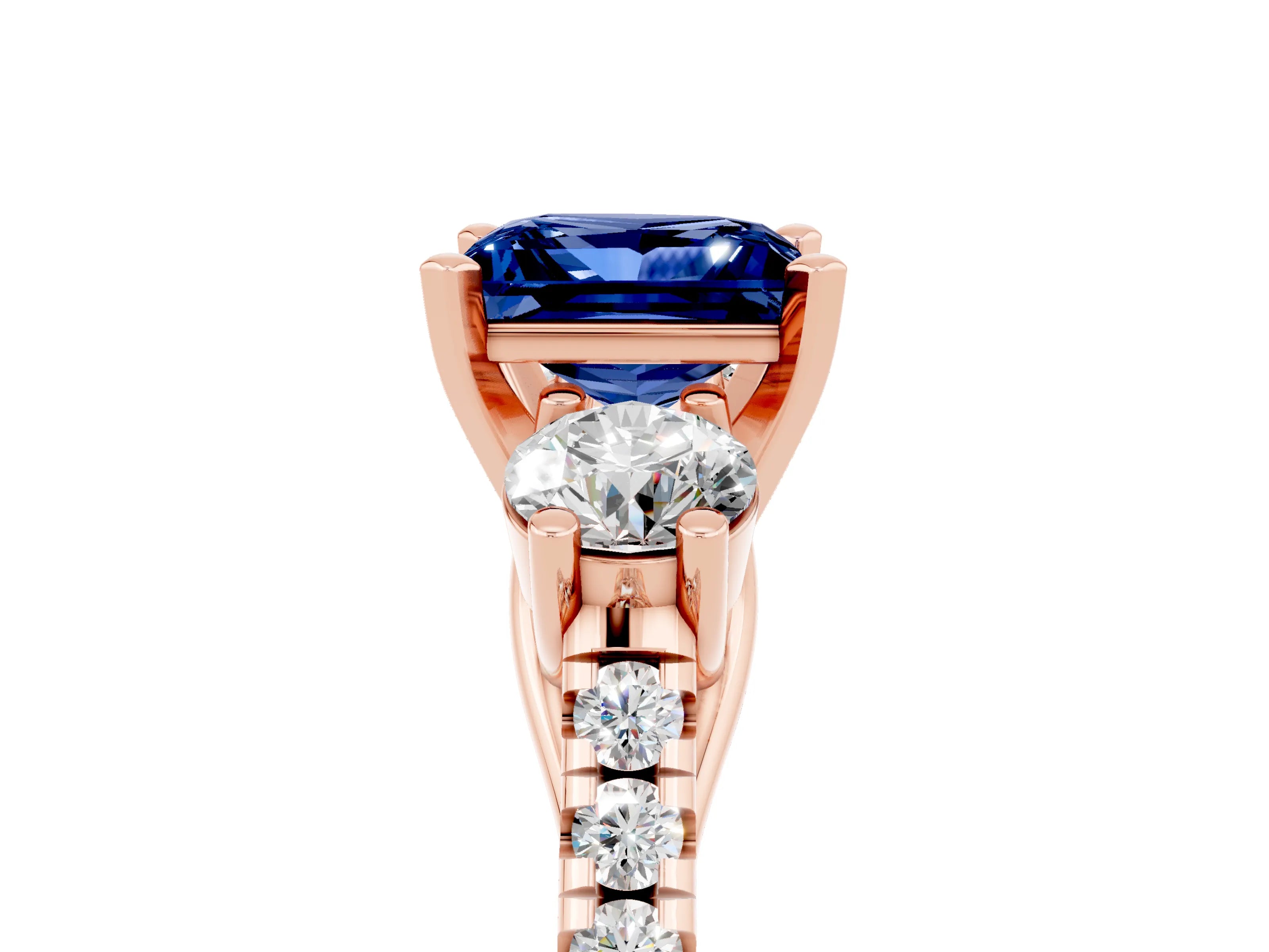 Rose gold Three-Stone Princess Cut Blue Sapphire Pavé Band with Four-Prong Setting_5