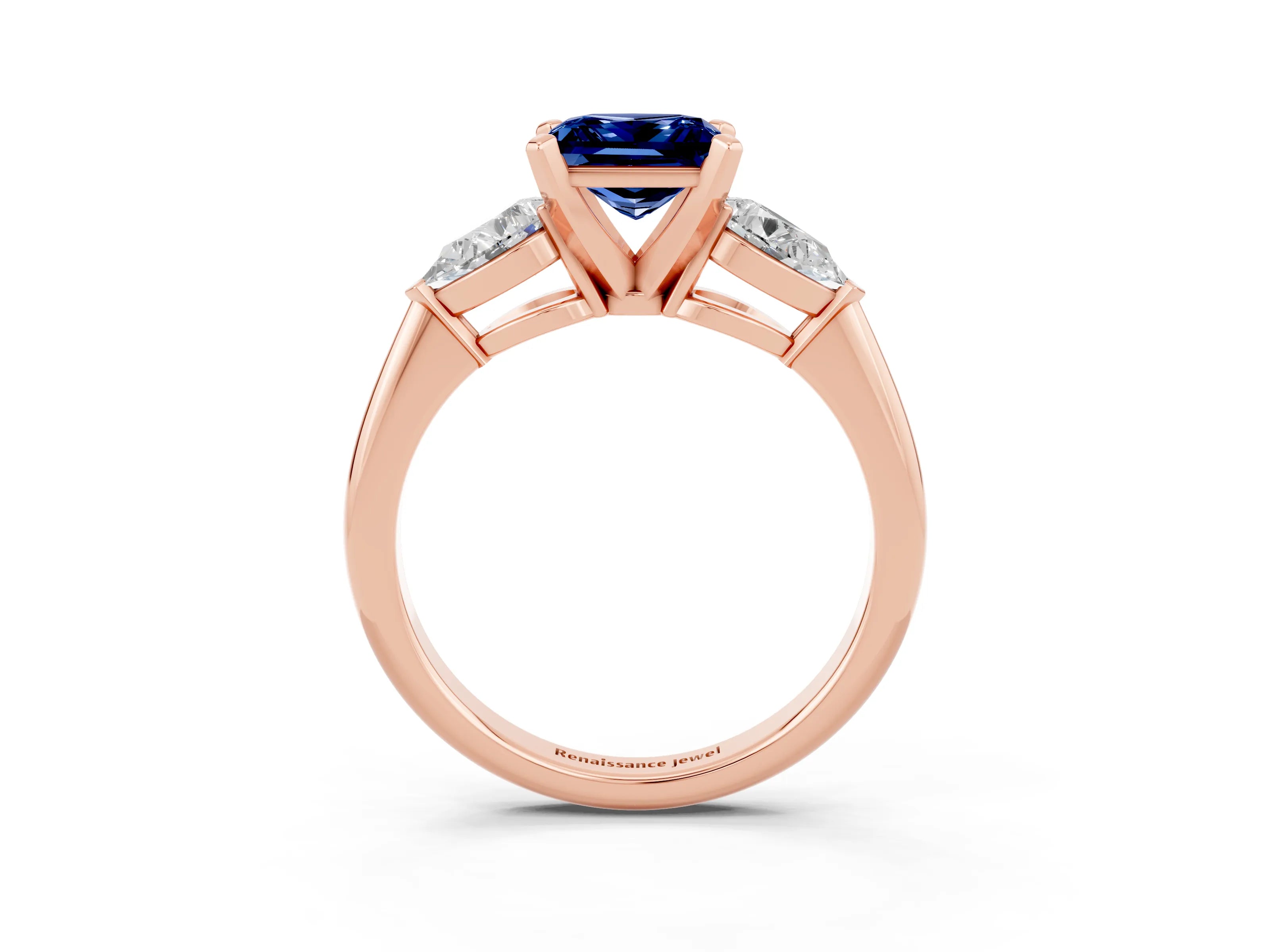 Rose gold Three-Stone Princess Cut Blue Sapphire Ring with Pear Side Stones and Four-Prong Setting_3