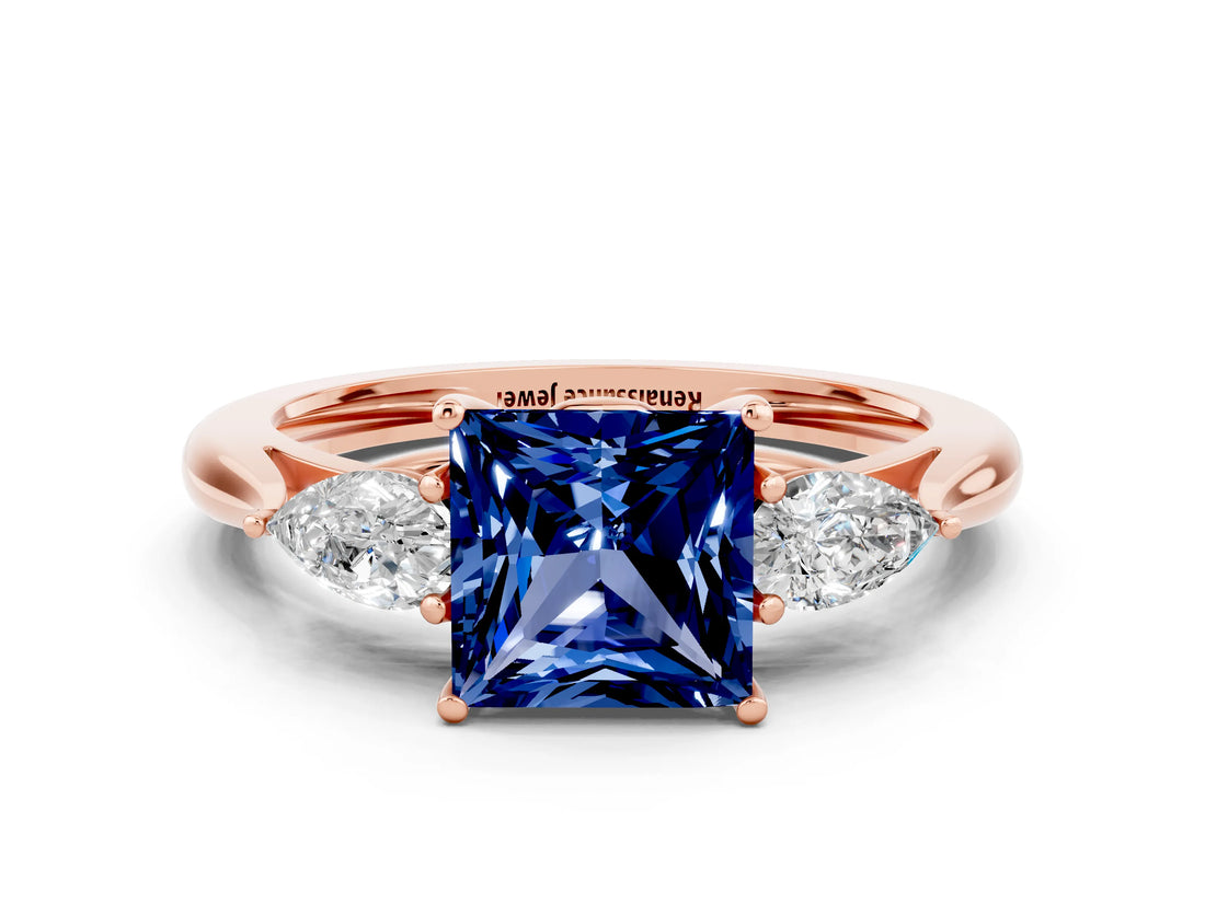 Rose gold Three-Stone Princess Cut Blue Sapphire Ring with Pear  Side Stones in Four-Prong Setting_12