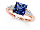Rose gold Three-Stone Princess Cut Blue Sapphire Ring with Pear  Side Stones in Four-Prong Setting_13