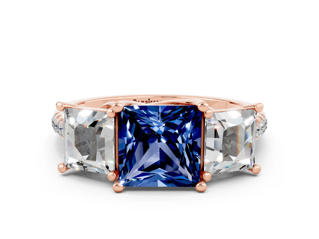 Rose gold Three-Stone Princess Cut Blue Sapphire Ring with Round  Pavé Band and Prong Setting_12