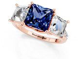 Rose gold Three-Stone Princess Cut Blue Sapphire Ring with Round  Pavé Band and Prong Setting_13