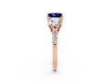 Rose gold Three-Stone Princess Cut Blue Sapphire Ring with Round  Pavé Band and Prong Setting_14
