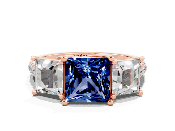 Rose gold Three-Stone Princess Cut Blue Sapphire Ring with Round  Pavé Band and Prong Setting