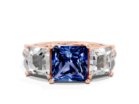 Rose gold Three-Stone Princess Cut Blue Sapphire Ring with Round  Pavé Band and Prong Setting_24