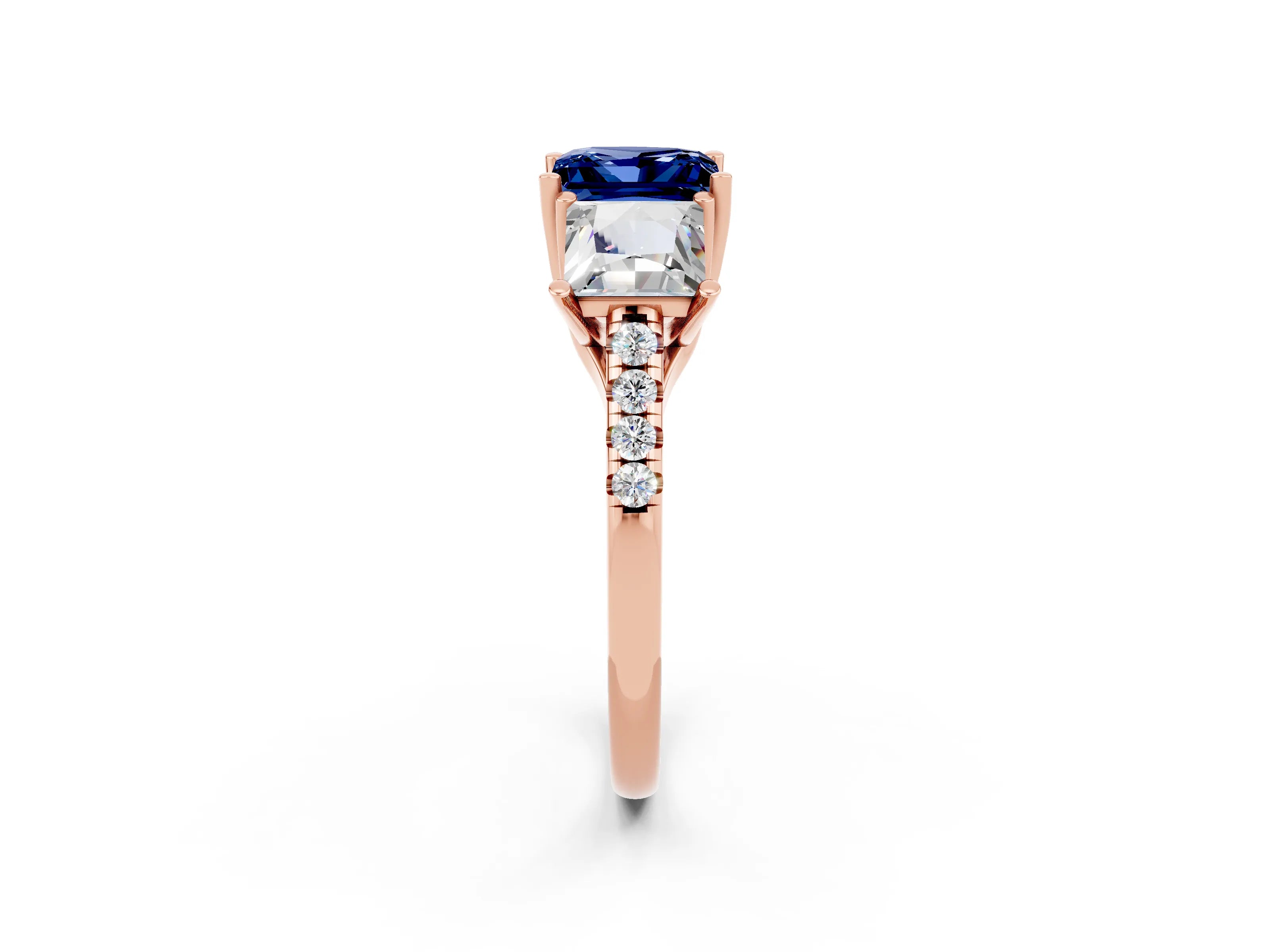 Rose gold Three-Stone Princess Cut Blue Sapphire Ring with Round  Pavé Band and Prong Setting_26