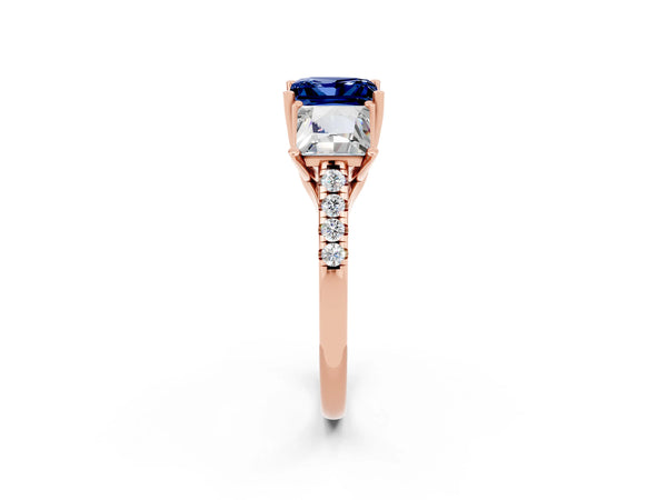 Rose gold Three-Stone Princess Cut Blue Sapphire Ring with Round  Pavé Band and Prong Setting