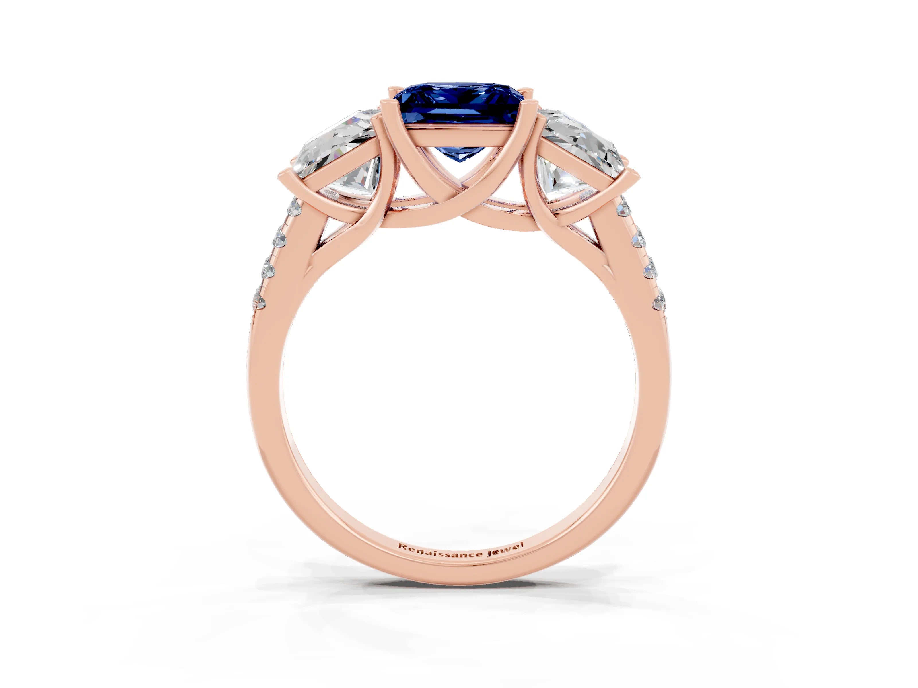 Rose gold Three-Stone Princess Cut Blue Sapphire Ring with Round  Pavé Band and Prong Setting_27