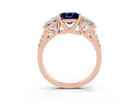 Rose gold Three-Stone Princess Cut Blue Sapphire Ring with Round  Pavé Band and Prong Setting_27