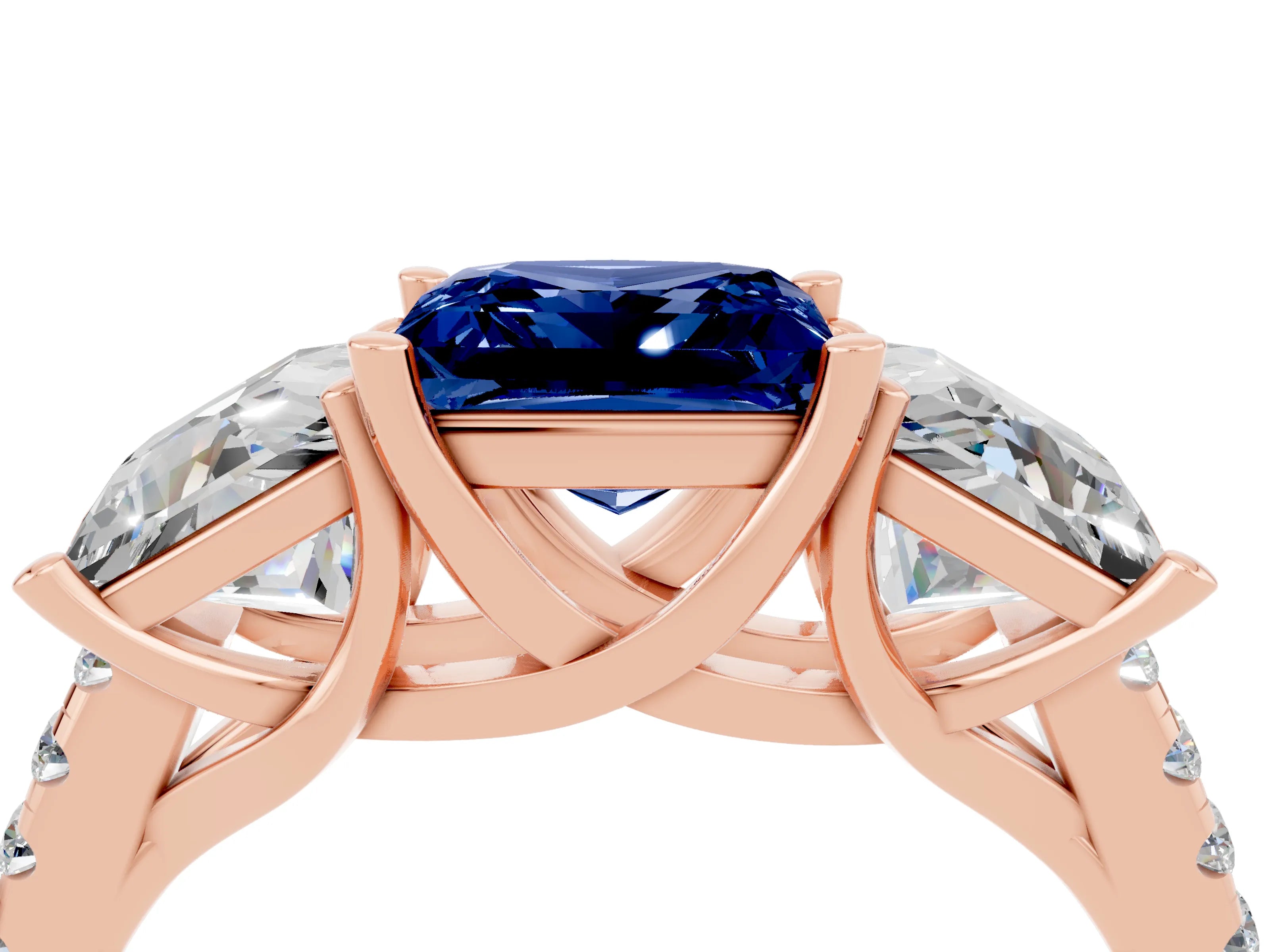Rose gold Three-Stone Princess Cut Blue Sapphire Ring with Round  Pavé Band and Prong Setting_28
