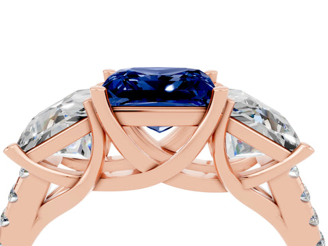 Rose gold Three-Stone Princess Cut Blue Sapphire Ring with Round  Pavé Band and Prong Setting_28