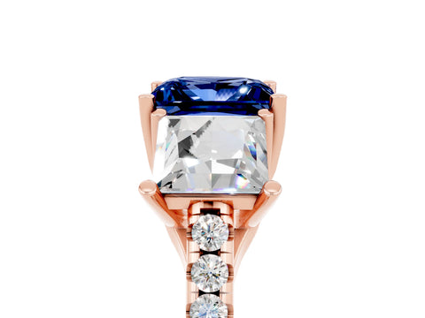 Rose gold Three-Stone Princess Cut Blue Sapphire Ring with Round  Pavé Band and Prong Setting_29