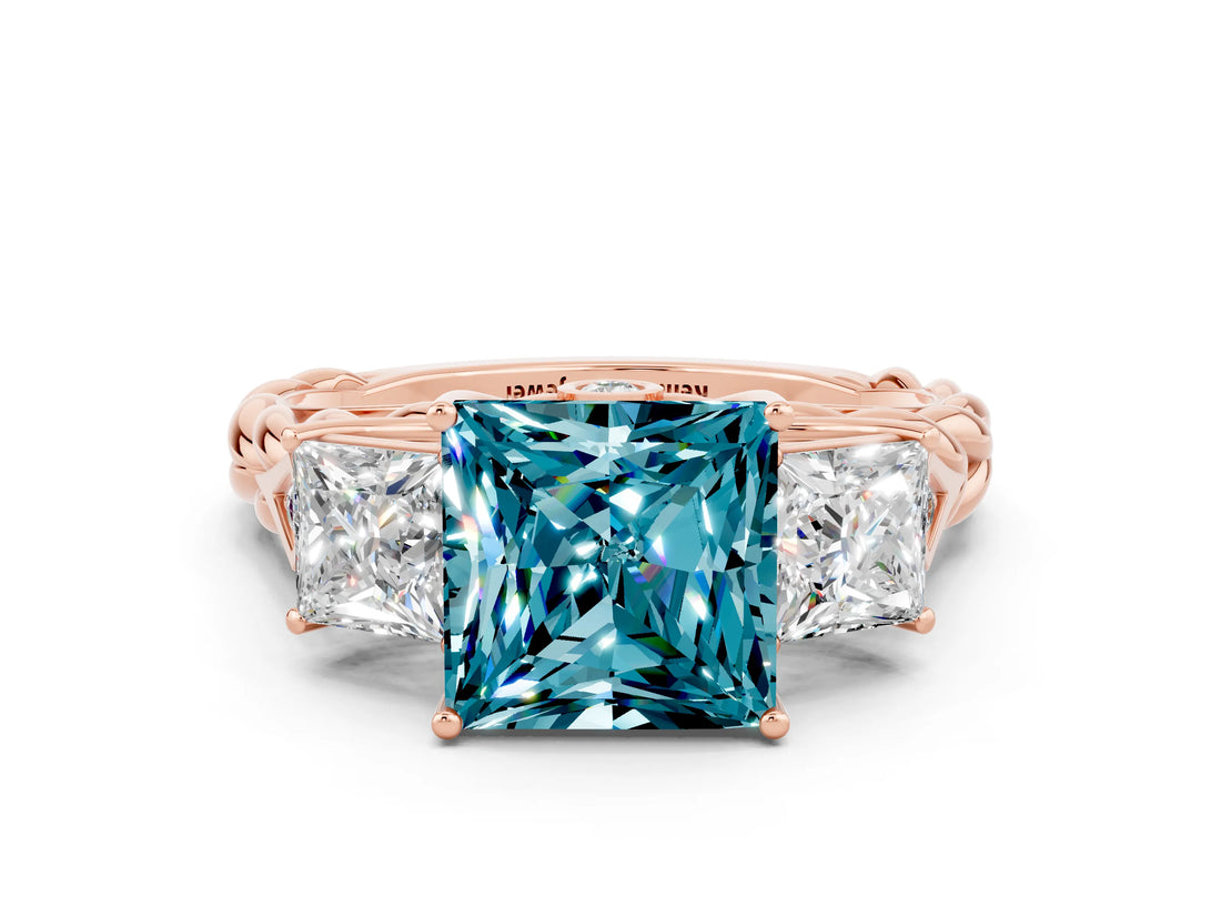 Rose gold Three-Stone Princess Cut Blue Topaz Braided Band Ring with Four-Prong Setting_12