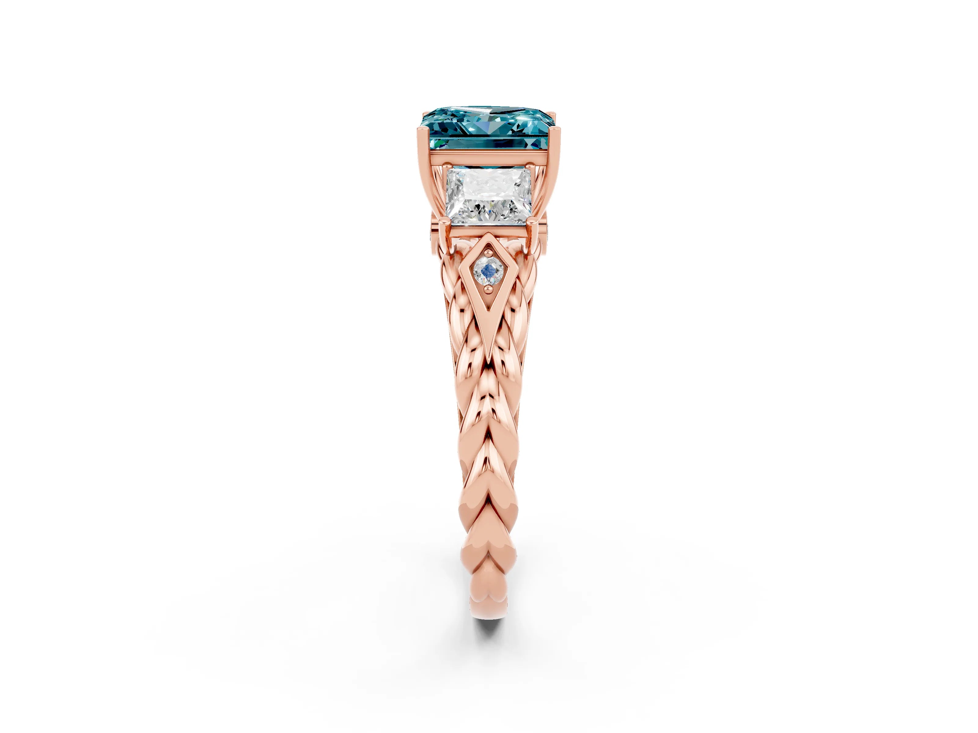 Rose gold Three-Stone Princess Cut Blue Topaz Braided Band Ring with Four-Prong Setting_14