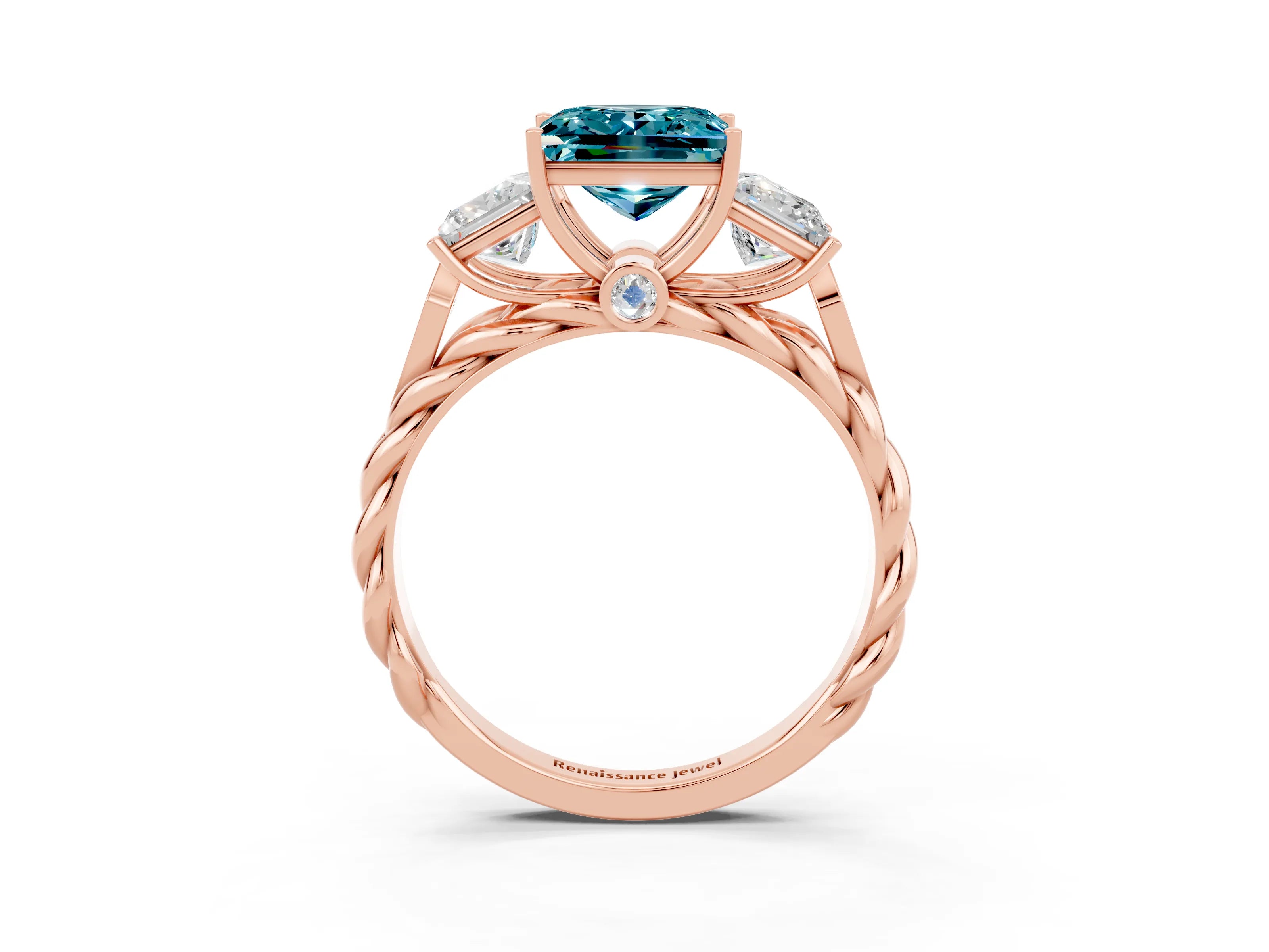 Rose gold Three-Stone Princess Cut Blue Topaz Braided Band Ring with Four-Prong Setting_15