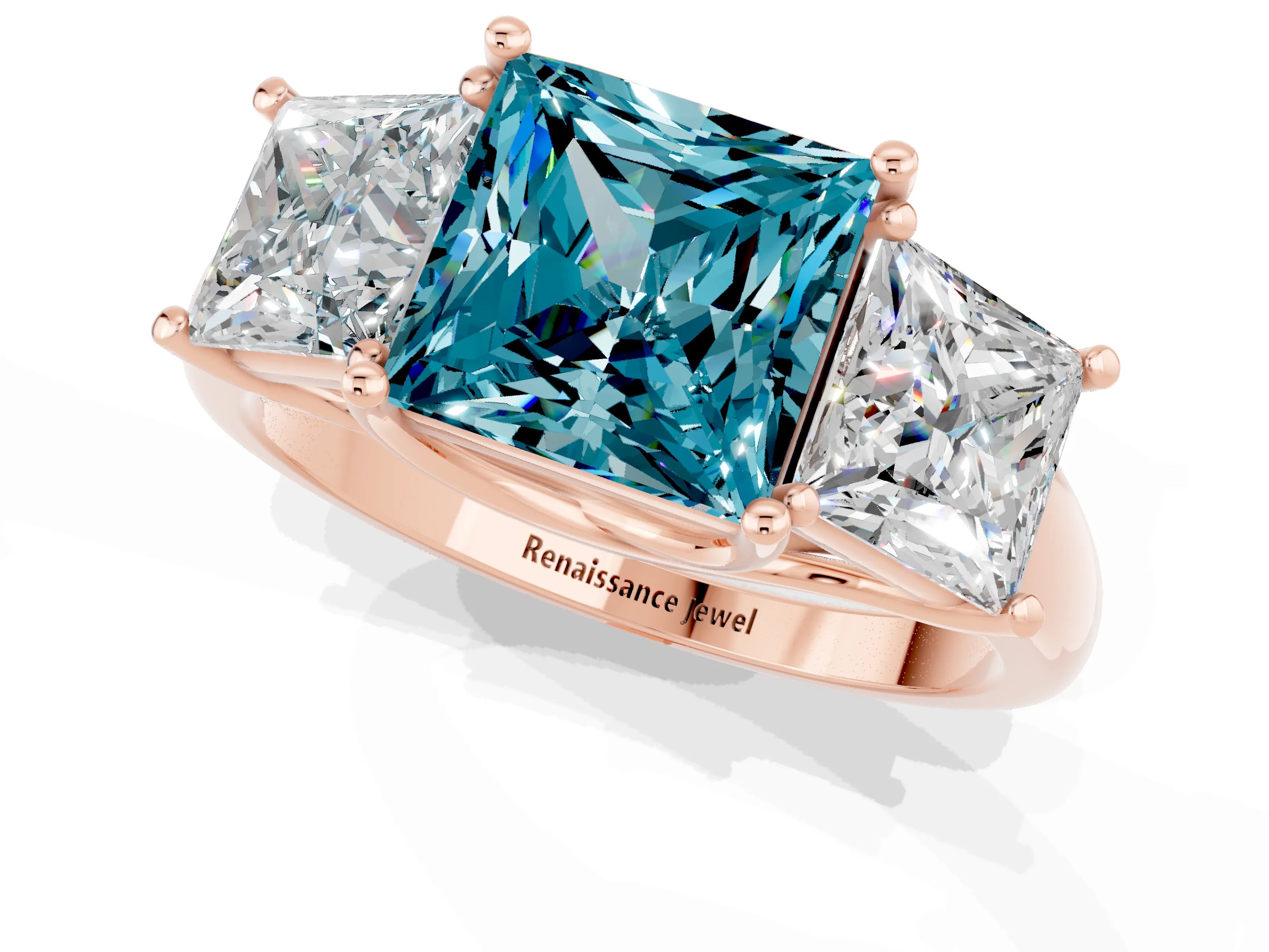 Rose gold Three-Stone Princess Cut Blue Topaz Engagement Ring with Prong Setting_1