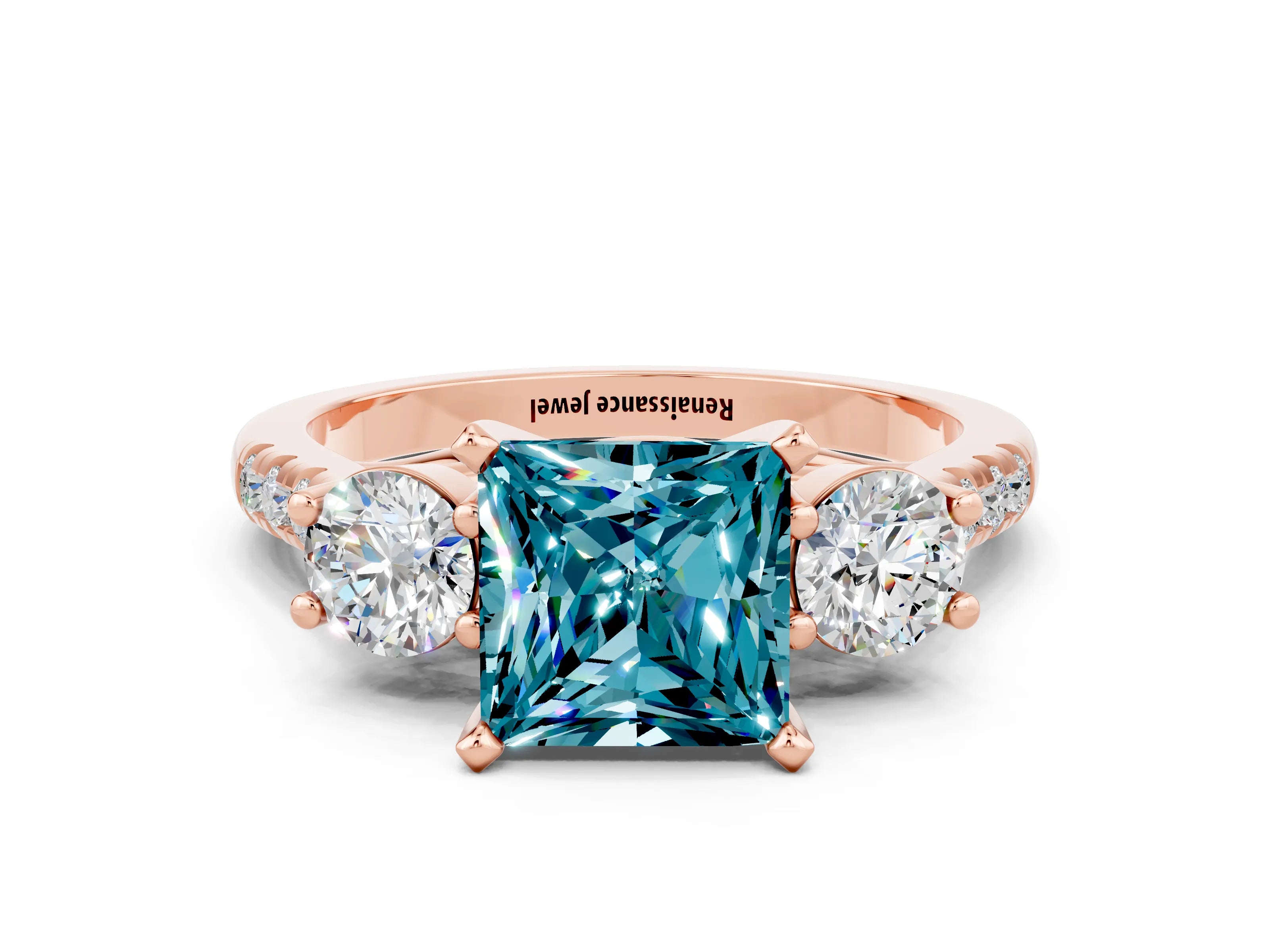 Rose gold Three-Stone Princess Cut Blue Topaz Pavé Band with Four-Prong Setting
