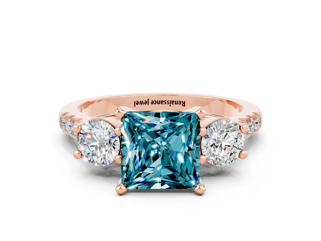 Rose gold Three-Stone Princess Cut Blue Topaz Pavé Band with Four-Prong Setting