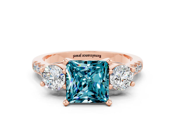 Rose gold Three-Stone Princess Cut Blue Topaz Pavé Band with Four-Prong Setting