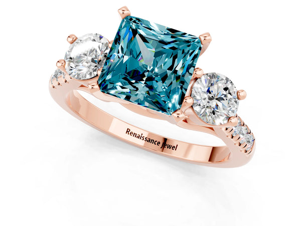 Rose gold Three-Stone Princess Cut Blue Topaz Pavé Band with Four-Prong Setting