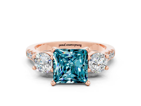 Rose gold Three-Stone Princess Cut Blue Topaz Pavé Band with Four-Prong Setting