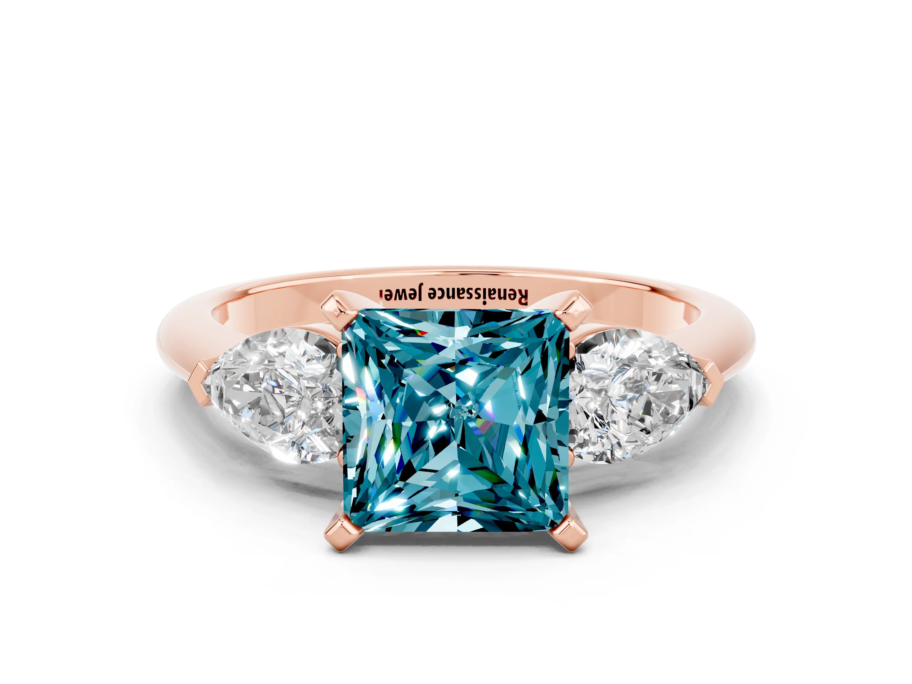 Rose gold Three-Stone Princess Cut Blue Topaz Ring with Pear Side Stones and Four-Prong Setting_12