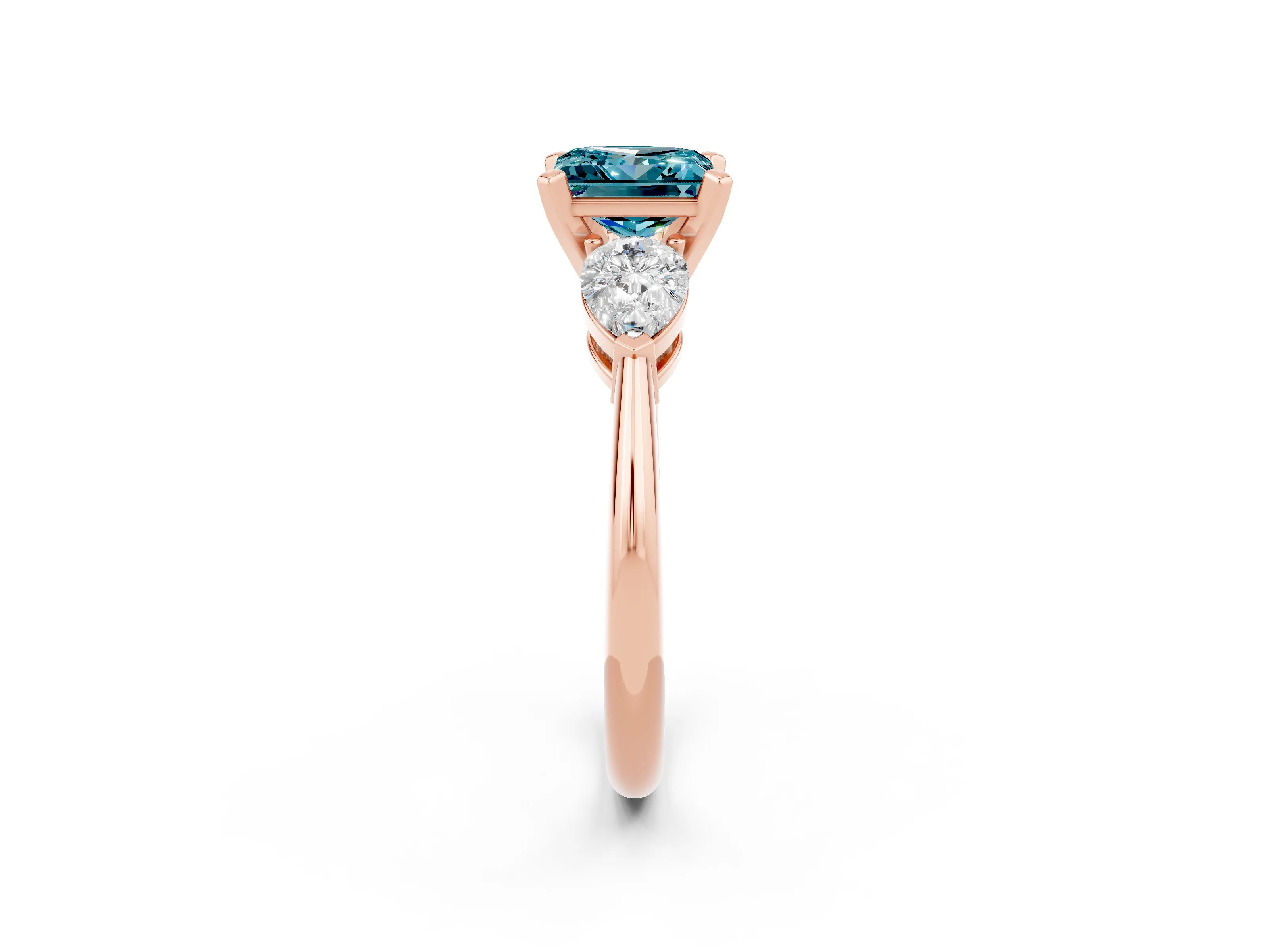Rose gold Three-Stone Princess Cut Blue Topaz Ring with Pear Side Stones and Four-Prong Setting_14
