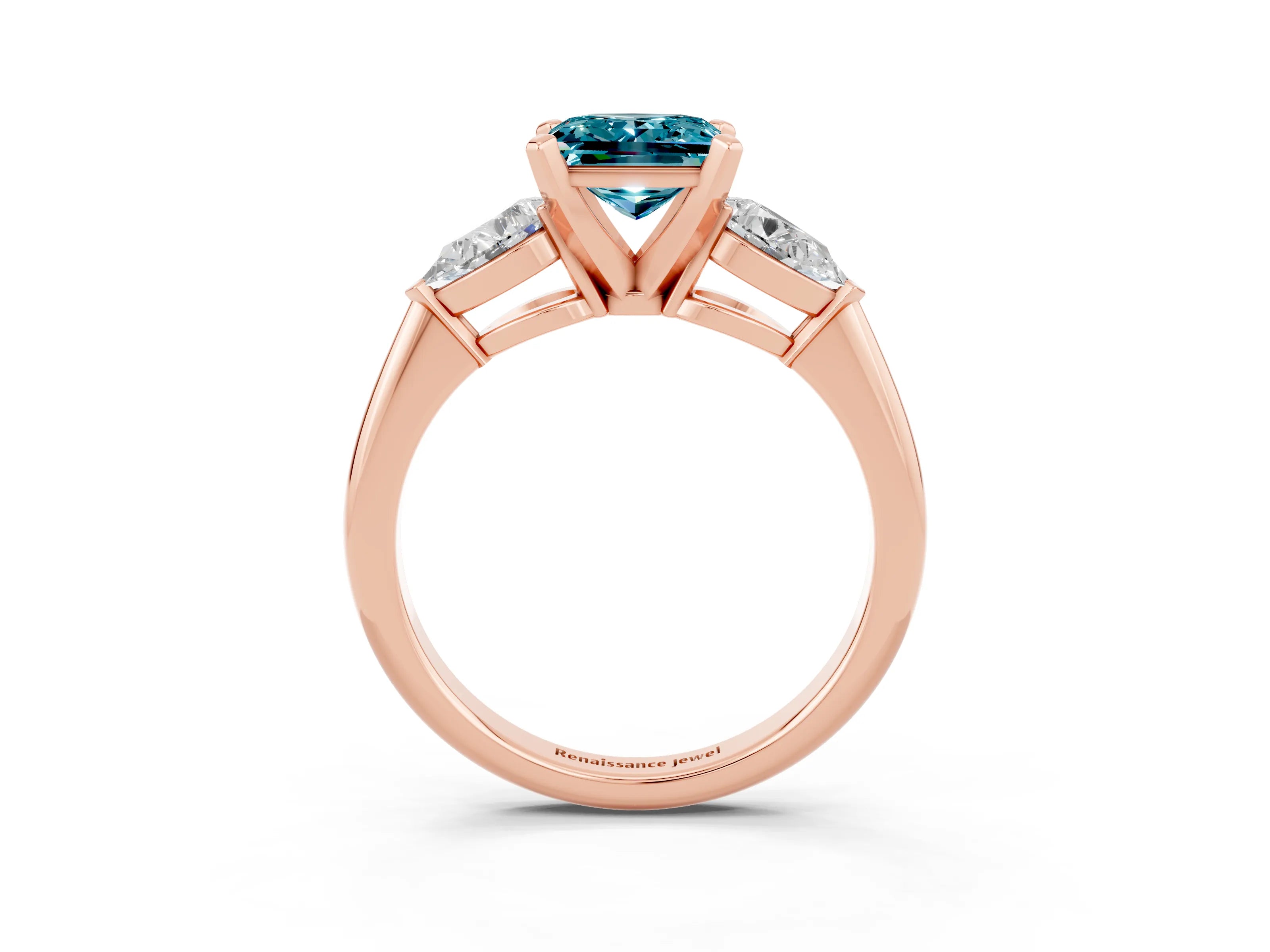 Rose gold Three-Stone Princess Cut Blue Topaz Ring with Pear Side Stones and Four-Prong Setting_15