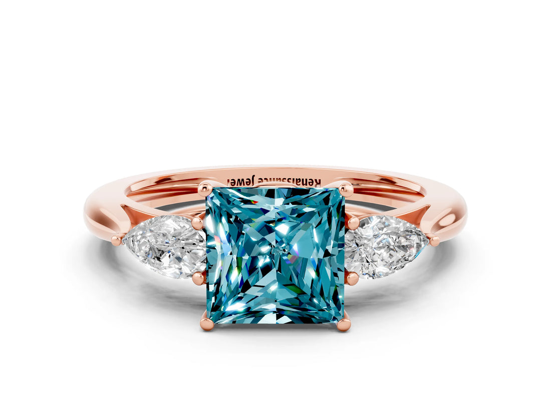 Rose gold Three-Stone Princess Cut Blue Topaz Ring with Pear  Side Stones in Four-Prong Setting_36