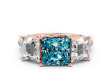 Rose gold Three-Stone Princess Cut Blue Topaz Ring with Round  Pavé Band and Prong Setting_12