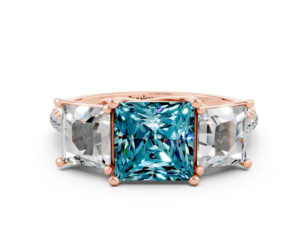 Rose gold Three-Stone Princess Cut Blue Topaz Ring with Round  Pavé Band and Prong Setting