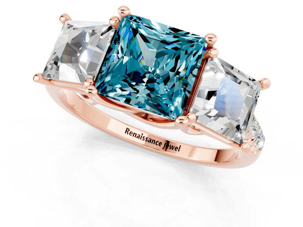 Rose gold Three-Stone Princess Cut Blue Topaz Ring with Round  Pavé Band and Prong Setting